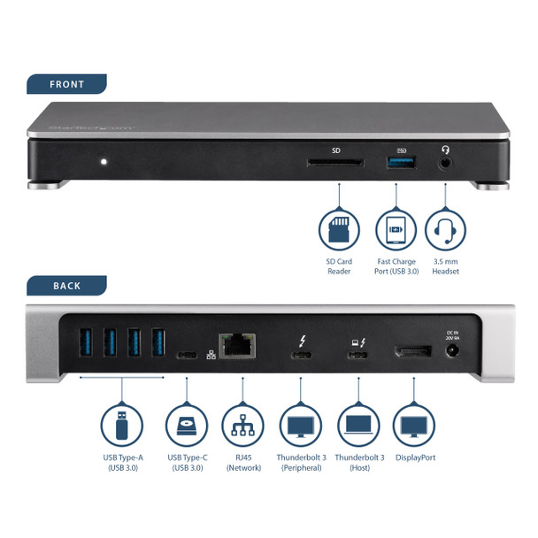 Startech.Com Thunderbolt 3 Dock - Dual Monitor 4K 60Hz Tb3 Laptop Docking Station With Displayport - 85W Power Delivery Charging - 6-Port Usb 3.0 Hub, Sd 4.0, Gbe, Audio - Windows & Mac Tb3Dock2Dppd