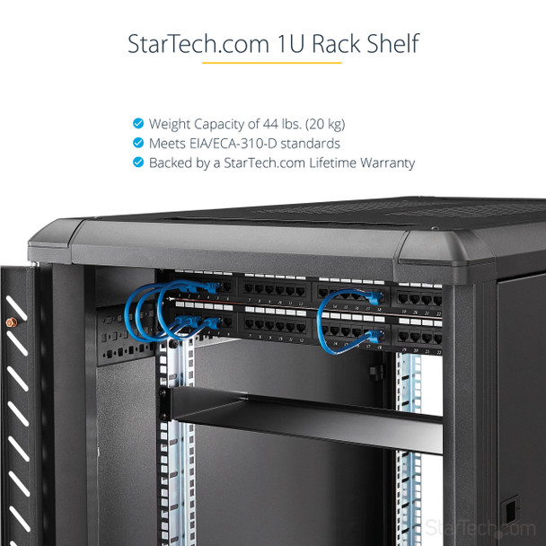 StarTech.com 1U Fixed Server Rack Mount Shelf - 10in Deep Steel Universal Cantilever Tray for 19" AV/ Network Equipment Rack - Heavy Duty Steel - Weight Capacity 44lbs/20kg, Black CABSHELF1U10
