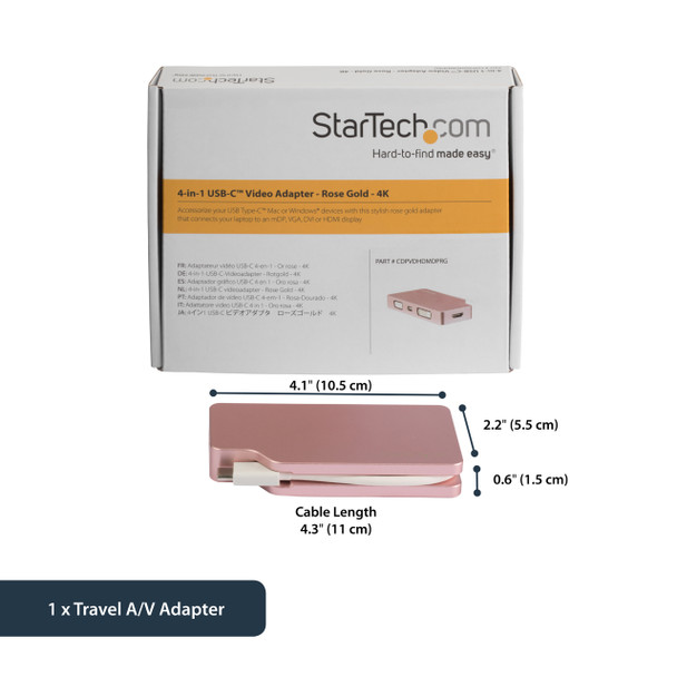 StarTech.com USB C Multiport Video Adapter with HDMI, VGA, Mini DisplayPort or DVI - USB Type C Monitor Adapter to HDMI 1.4 or mDP 1.2 (4K) - VGA or DVI (1080p) - Rose Gold Aluminum CDPVDHDMDPRG