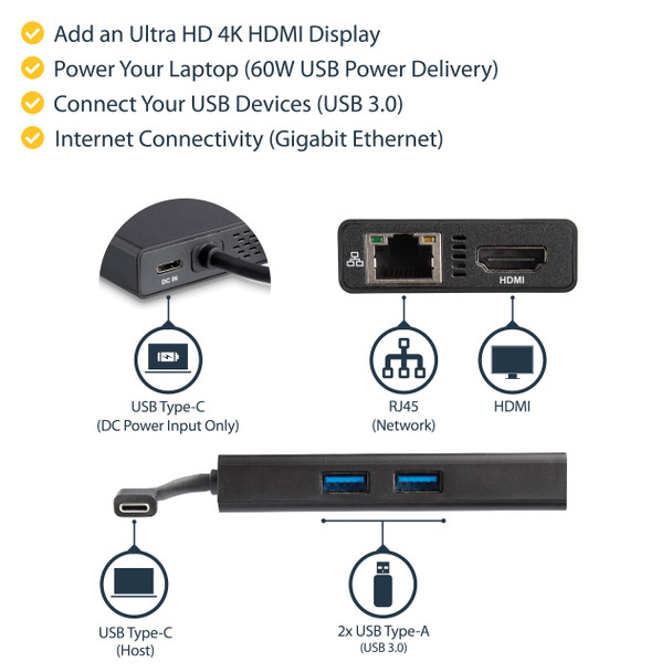 Startech.Com Usb-C Multiport Adapter - Usb-C Travel Docking Station With 4K Hdmi - 60W Power Delivery Pass-Through, Gbe, 2Pt Usb-A 3.0 Hub - Portable Mini Usb Type-C Dock For Laptop Dkt30Chpd