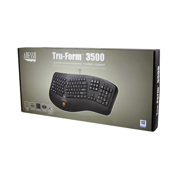 Adesso Tru-Form 3500 - 2.4 GHz Wireless Ergonomic Trackball Keyboard WKB-3500UB