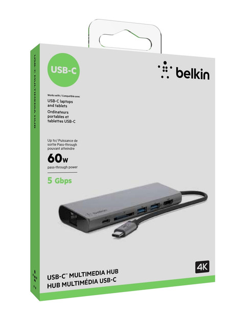 Belkin F4U092BTSGY interface hub USB 3.2 Gen 1 (3.1 Gen 1) Type-C 5000 Mbit/s Grey F4U092BTSGY