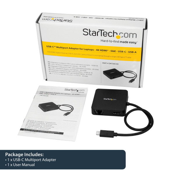 Startech.Com Usb C Multiport Adapter - Portable Usb-C Mini Dock 4K Hdmi Video - Gigabit Ethernet, Usb 3.0 Hub (1X Usb-A 1X Usb-C) - Usb Type-C Multiport Adapter - Thunderbolt 3 Compatible Dkt30Chd