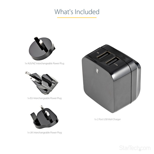 StarTech.com Dual-port USB wall charger - international travel - 17W/3.4A - black USB2PACBK