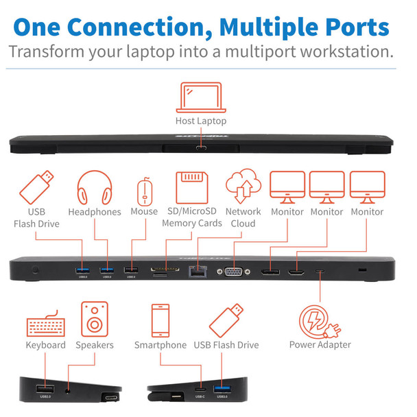 Tripp Lite Triple-Monitor USB-C Docking Station with 4K HDMI & DisplayPort, VGA - USB-A/C, GbE, 100W PD, Black U442-DOCK7D-B