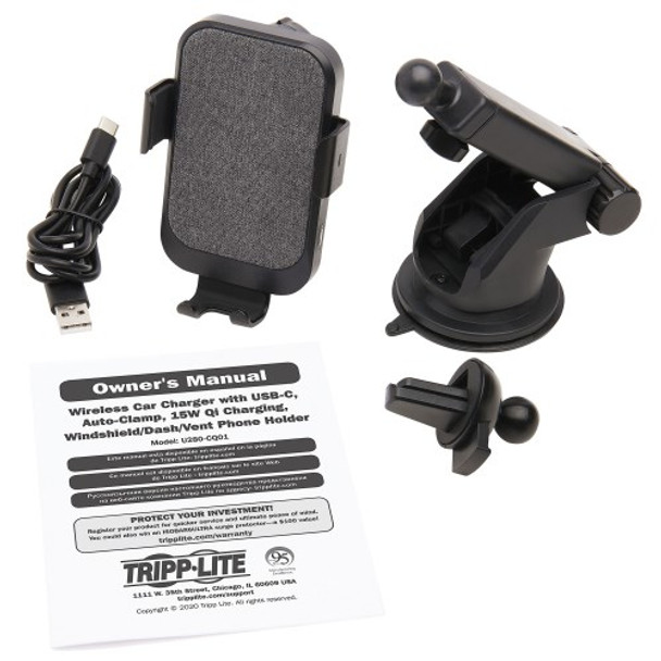 Tripp Lite Wireless Car Charger - 15W, USB-C, Qi Compliant, Apple/Samsung, Windshield/Dash/Vent Phone Holder U280-CQ01