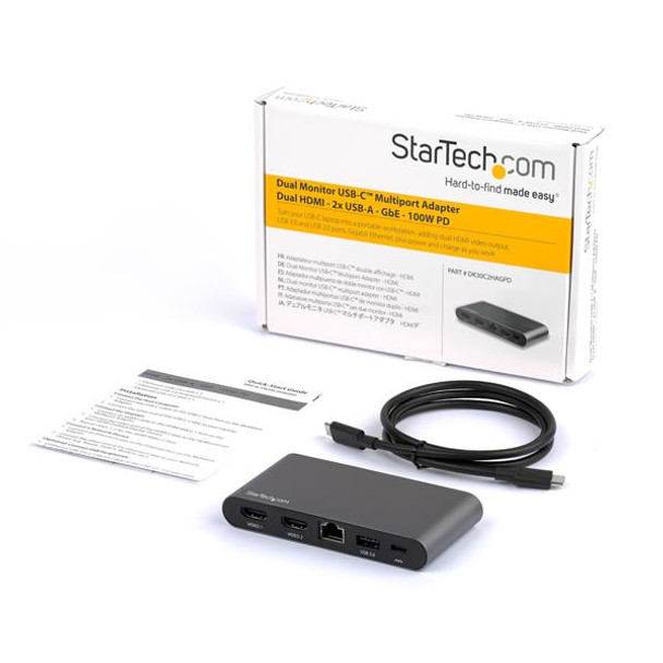 Startech.Com Usb C Dock - 4K Dual Monitor Hdmi Display - Mini Laptop Docking Station - 100W Power Delivery Passthrough - Gbe, 2-Port Usb-A Hub - Usb Type-C Multiport Adapter - 3.3' Cable Dk30C2Hagpd