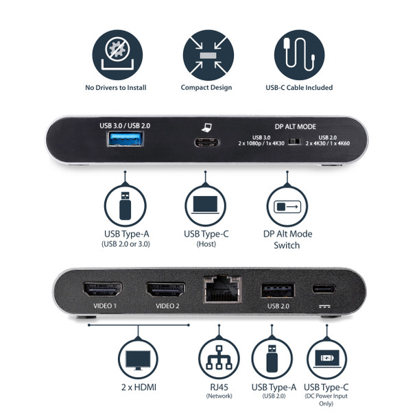 Startech.Com Usb C Dock - 4K Dual Monitor Hdmi Display - Mini Laptop Docking Station - 100W Power Delivery Passthrough - Gbe, 2-Port Usb-A Hub - Usb Type-C Multiport Adapter - 3.3' Cable Dk30C2Hagpd