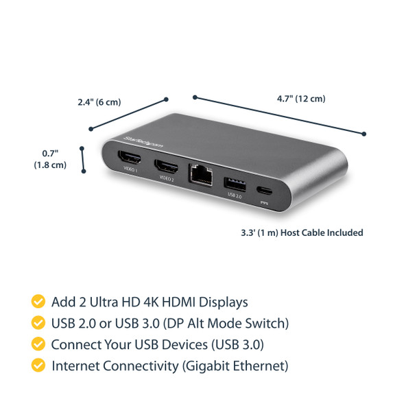 Startech.Com Usb C Dock - 4K Dual Monitor Hdmi Display - Mini Laptop Docking Station - 100W Power Delivery Passthrough - Gbe, 2-Port Usb-A Hub - Usb Type-C Multiport Adapter - 3.3' Cable Dk30C2Hagpd