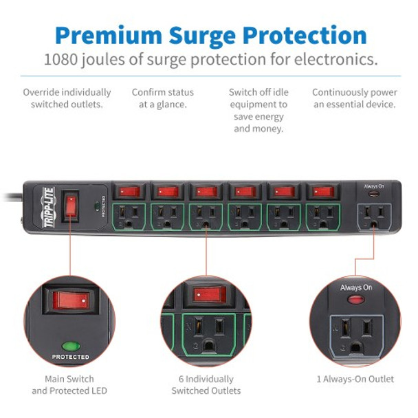 Tripp Lite ECO-Surge 7-Outlet Surge Protector, 6 ft. Cord, 1080 Joules, 6 Individually Controlled Outlets, Black Housing TLP76MSGB