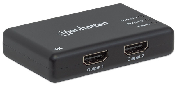 Manhattan HDMI Splitter 2-Port , 4K@30Hz, Displays output from x1 HDMI source to x2 HD displays (same output to both displays), AC Powered (cable 0.9m), Black, Three Year Warranty, Retail Box (With Euro 2-pin plug) 207669