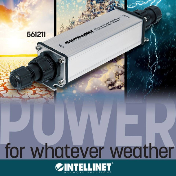 Intellinet Outdoor Gigabit High-Power PoE+ Extender Repeater, IEEE 802.3at/af Power over Ethernet (PoE+/PoE), Extends Range up to 100m, Metal, IP65 561211