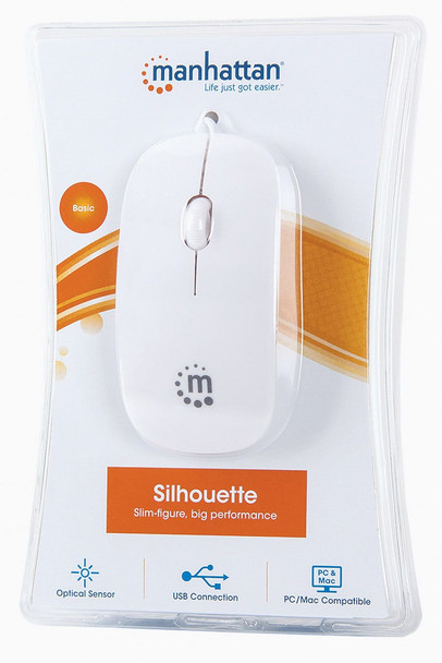 Manhattan Silhouette Sculpted USB Wired Mouse, White, 1000dpi, USB-A, Optical, Lightweight, Flat, Three Button with Scroll Wheel, Three Year Warranty, Blister 177627