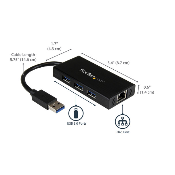 Startech.Com 3-Port Portable Usb 3.0 Hub Plus Gigabit Ethernet - Aluminum With Built-In Cable St3300Gu3B