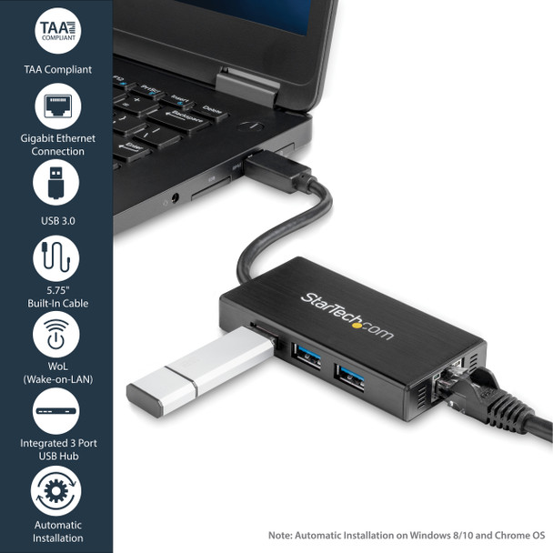 Startech.Com 3-Port Portable Usb 3.0 Hub Plus Gigabit Ethernet - Aluminum With Built-In Cable St3300Gu3B