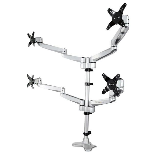 StarTech.com Desk Mount Quad Monitor Arm – Premium Articulating VESA 4 Monitor Mount 2x2 up to 27" – Ergonomic Height Adjustable Pole Mount - Tilt/Swivel/Rotate - C-Clamp/Grommet - Silver ARMQUADPS