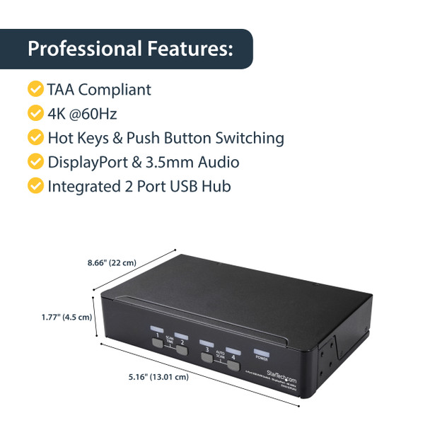 StarTech.com 4 Port DisplayPort KVM Switch - 4K 60Hz - Single Display - Dual Port UHD DP 1.2 USB KVM Switch with Integrated USB 2.0 Hub & Audio - Dell, HP, Apple, Lenovo - TAA Compliant SV431DPUA2