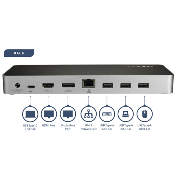 StarTech.com USB C Dock - Dual Monitor HDMI & DisplayPort 4K 30Hz - USB Type-C Laptop Docking Station 60W Power Delivery, SD, 4-port USB-A 3.0 Hub, GbE, Audio - Thunderbolt 3 Compatible DK30CHDDPPD