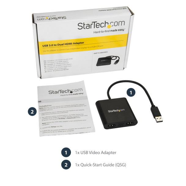 StarTech.com USB 3.0 to Dual HDMI Adapter - 1x 4K 30Hz & 1x 1080p - External Video & Graphics Card - USB Type-A to HDMI Dual Monitor Display Adapter - Supports Windows Only - Black USB32HD2