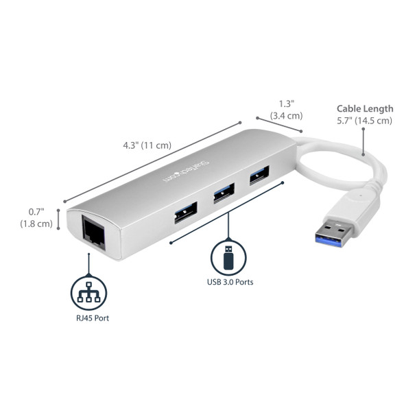 Startech.Com 3-Port Portable Usb 3.0 Hub Plus Gigabit Ethernet - Built-In Cable St3300G3Ua