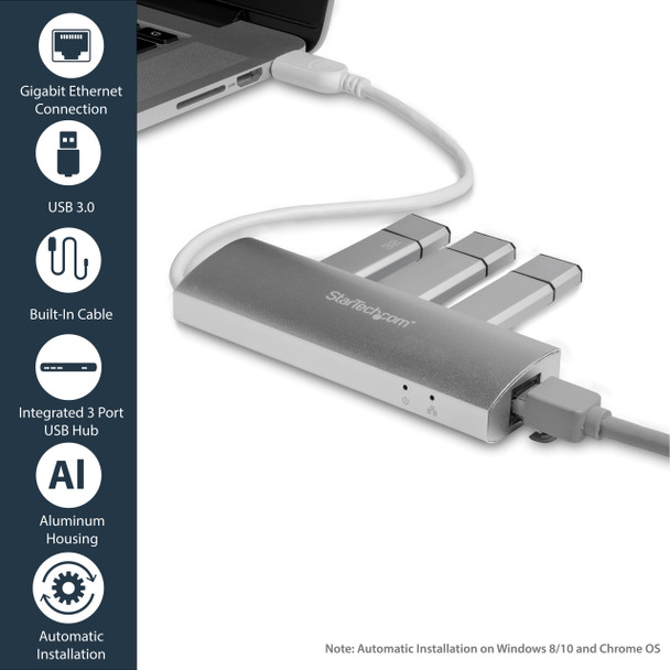 Startech.Com 3-Port Portable Usb 3.0 Hub Plus Gigabit Ethernet - Built-In Cable St3300G3Ua