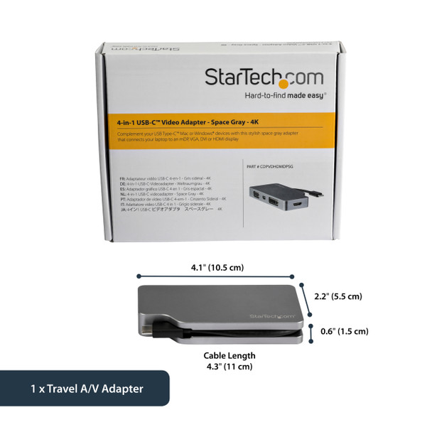 StarTech.com USB C Multiport Video Adapter with HDMI, VGA, Mini DisplayPort or DVI - USB Type C Monitor Adapter to HDMI 1.4 or mDP 1.2 (4K) - VGA or DVI (1080p) - Space Gray Aluminum CDPVDHDMDPSG