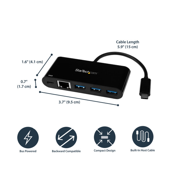 StarTech.com USB-C to Ethernet Adapter with 3-Port USB 3.0 Hub and Power Delivery US1GC303APD