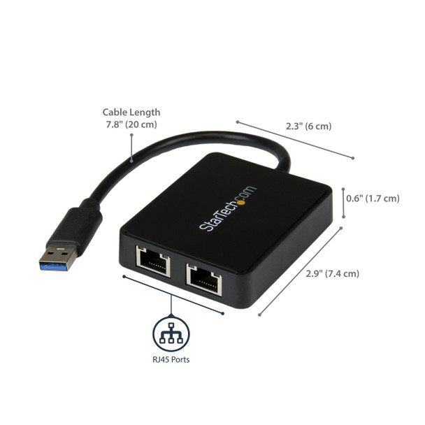 StarTech.com USB 3.0 to Dual Port Gigabit Ethernet Adapter NIC w/ USB Port USB32000SPT