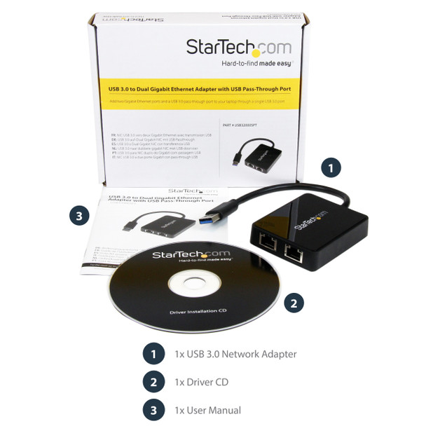StarTech.com USB 3.0 to Dual Port Gigabit Ethernet Adapter NIC w/ USB Port USB32000SPT