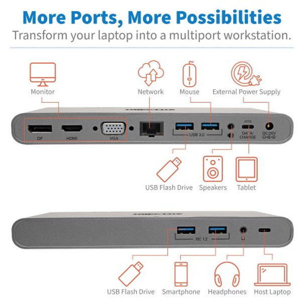 Tripp Lite Usb-C Docking Station, Hdmi, Vga, Dp, Usb-A/C, Gbe, 100W Pd Charging, Power Supply Included – 4K @ 30 Hz, Thunderbolt 3, Silver U442-Dock4-S