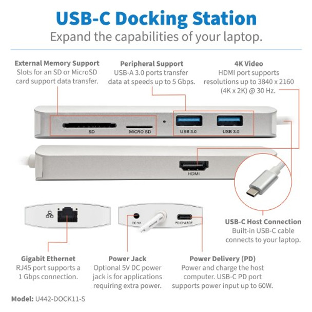 Tripp Lite Usb-C Docking Station, 4K @ 30 Hz, Hdmi, Thunderbolt 3, Usb-A Hub, Pd Charging, Sd/Micro Sd, Gbe - Silver U442-Dock11-S