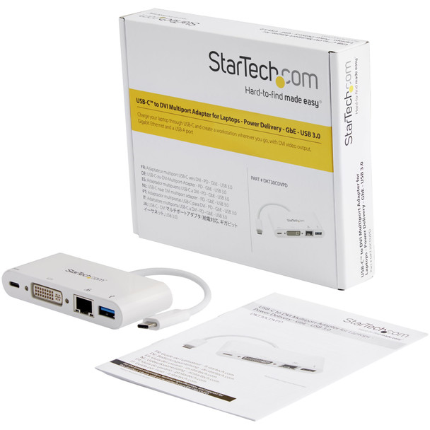 StarTech.com USB C Multiport Adapter - USB-C to DVI-D (Digital) Video Adapter with 60W Power Delivery Passthrough Charging, GbE, USB-A - Portable USB Type-C/Thunderbolt 3 Mini Laptop Dock DKT30CDVPD