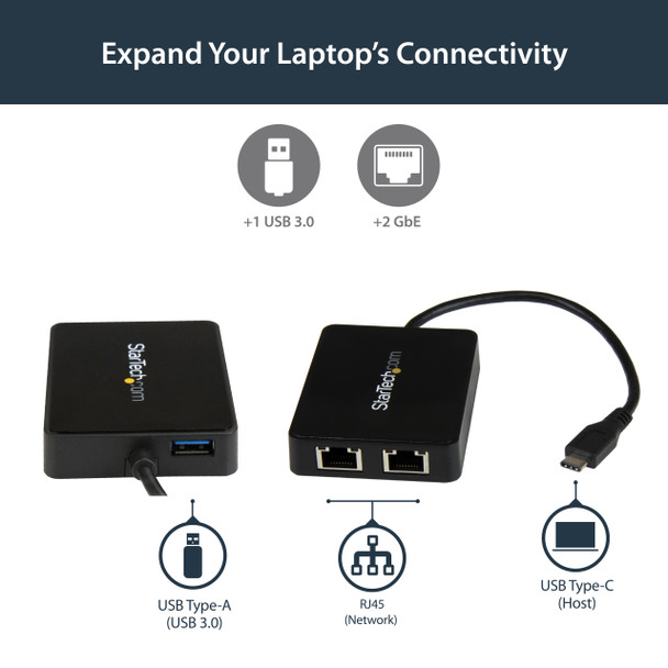 StarTech.com USB-C to Dual Gigabit Ethernet Adapter with USB (Type-A) Port US1GC301AU2R