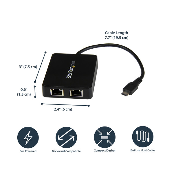 StarTech.com USB-C to Dual Gigabit Ethernet Adapter with USB (Type-A) Port US1GC301AU2R