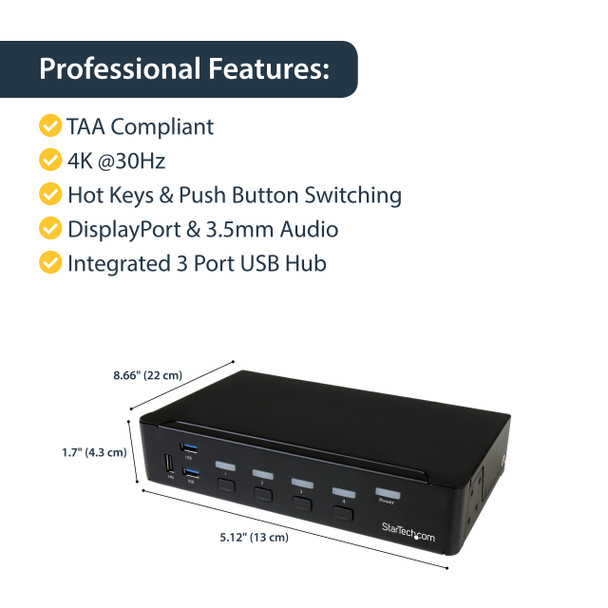 StarTech.com 4-Port DisplayPort KVM Switch - USB 3.0 - 4K 30Hz SV431DPU3A2