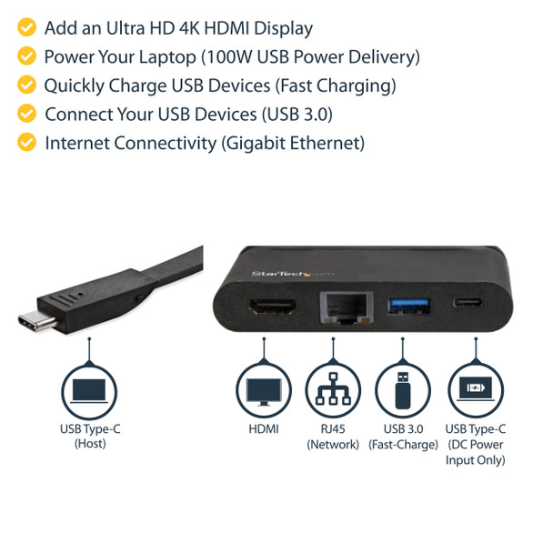 StarTech.com USB C Multiport Adapter - Portable USB-C Dock with 4K HDMI - 100W PD 3.0 Pass-Through, 1x USB-A, 1x USB-C, GbE - Thunderbolt 3 & USB Type-C Laptop Travel Dock - Mac & Windows DKT30CHCPD