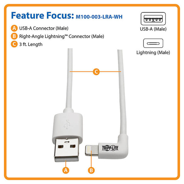 Tripp Lite Right-Angle Lightning Cable, USB Type-A to Lightning, 0.91 m Cord, Reversible Lightning Plug M100-003-LRA-WH