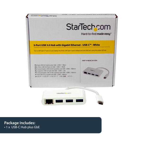 Startech.Com 3-Port Usb-C Hub With Gigabit Ethernet - Usb-C To 3X Usb-A - Usb 3.0 Hub - White Hb30C3A1Gea