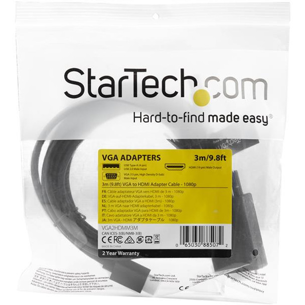 StarTech.com 3m VGA to HDMI Converter Cable with USB Audio Support & Power - Analog to Digital Video Adapter Cable to connect a VGA PC to HDMI Display - 1080p Male to Male Monitor Cable VGA2HDMM3M