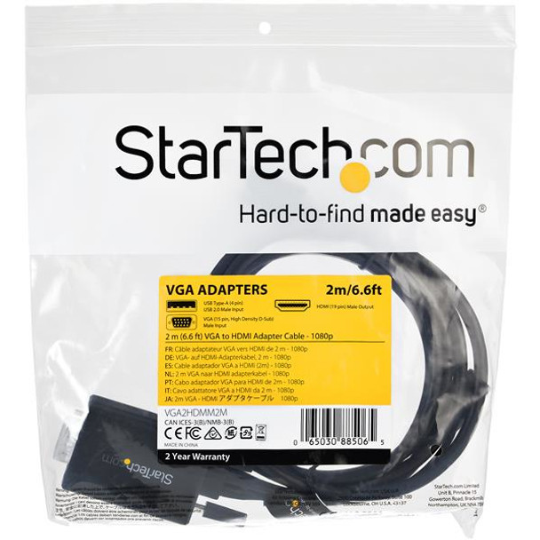 StarTech.com 2m VGA to HDMI Converter Cable with USB Audio Support & Power - Analog to Digital Video Adapter Cable to connect a VGA PC to HDMI Display - 1080p Male to Male Monitor Cable VGA2HDMM2M
