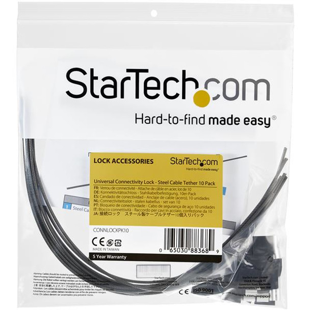 StarTech.com 10-Pack Security Cable Tethers for Adapters & Dongles - Universal Cable Adapter Tether - Tether Cable - Adjustable Length Anti-Theft Cable Tether Lock Kit - Steel CONNLOCKPK10