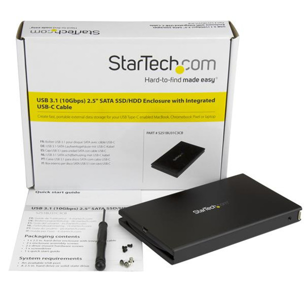 StarTech.com USB 3.1 (10Gbps) 2.5" SATA SSD/HDD Enclosure with Integrated USB-C Cable S251BU31C3CB
