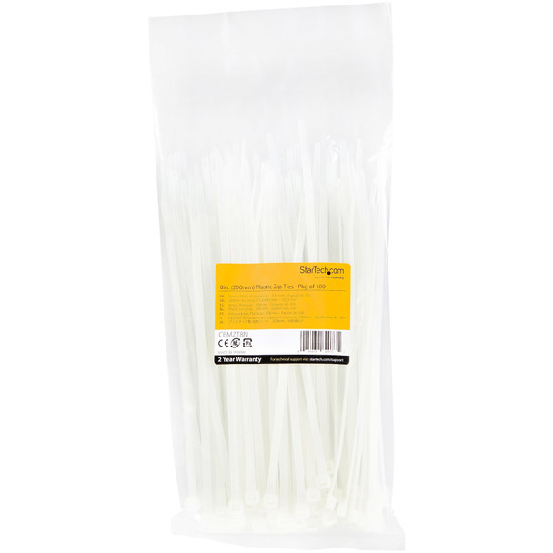 StarTech.com 100 Pack 8" Cable Ties - White Large Nylon/Plastic Zip Tie - Adjustable Electrical/Network Cable Wraps/-40 to +85C Temp/94V-2 Fire & UL Rated TAA CBMZT8N
