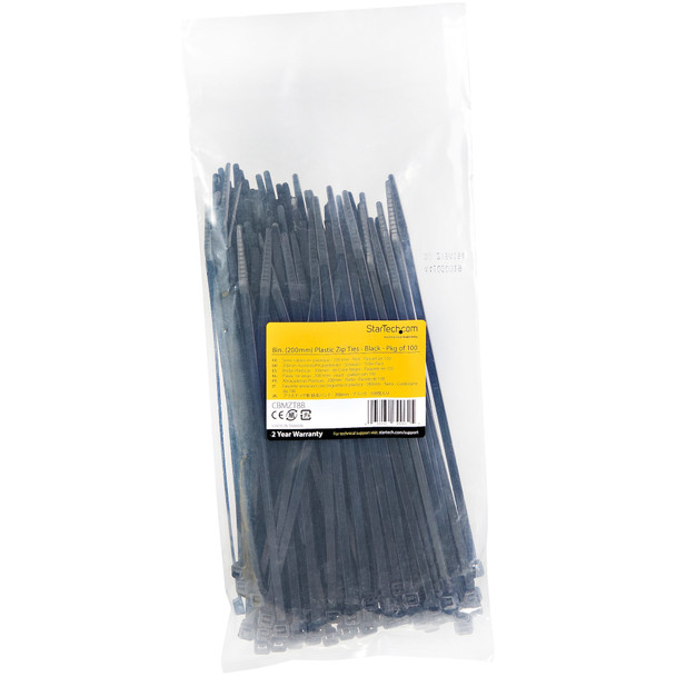 Startech.Com 100 Pack 8" Cable Ties - Black Large Nylon/Plastic Zip Tie - Adjustable Electrical/Network Cable Wraps/-40 To +85C Temp/94V-2 Fire & Ul Rated Taa Cbmzt8B