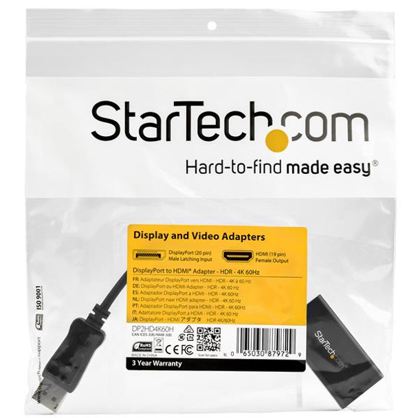 Startech.Com Displayport To Hdmi Adapter - 4K 60Hz Hdr10 Active Displayport 1.4 To Hdmi 2.0B Video Converter - 4K Dp To Hdmi Adapter Dongle For Monitor/Display/Tv - Latching Dp Connector Dp2Hd4K60H