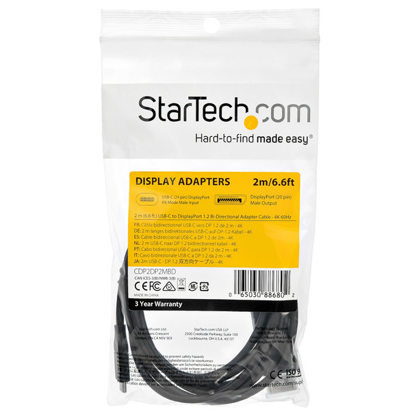 Startech.Com 6Ft (2M) Usb C To Displayport 1.2 Cable 4K 60Hz - Bidirectional Dp To Usb-C Or Usb-C To Dp Reversible Video Adapter Cable - Hbr2/Hdr - Usb Type C/Tb3 Monitor Cable Cdp2Dp2Mbd