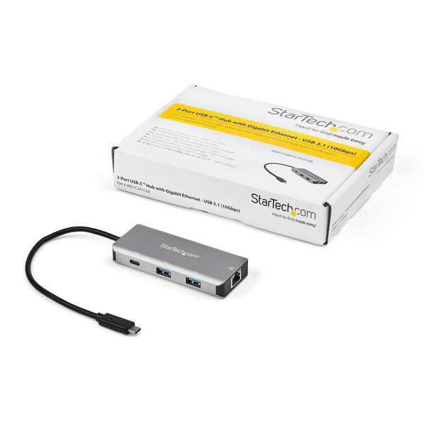 StarTech.com 3 Port USB C Hub with Gigabit Ethernet RJ45 GbE Port - 2x USB-A, 1x USB-C - SuperSpeed 10Gbps USB 3.1/3.2 Gen 2 Type C Hub Adapter - USB Bus Powered - Aluminum - Works w/TB3 HB31C2A1CGB