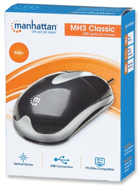 Manhattan Mh3 Usb Wired Mouse, Black/Grey, 1000Dpi, Usb-A, Optical, Sturdy, Three Button With Scroll Wheel, Three Year Warranty, Box 177016