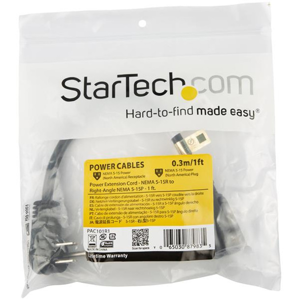 StarTech.com Flat Extension Cord - NEMA 5-15R to NEMA Right-Angle 5-15P - 3 ft. PAC101R3