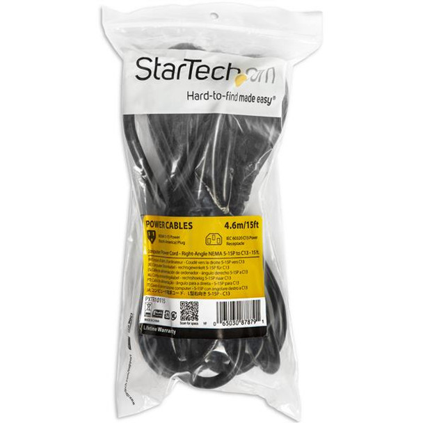 StarTech.com Power Cord - Right-Angle NEMA 5-15P to C13 - 15 ft. PXTR10115